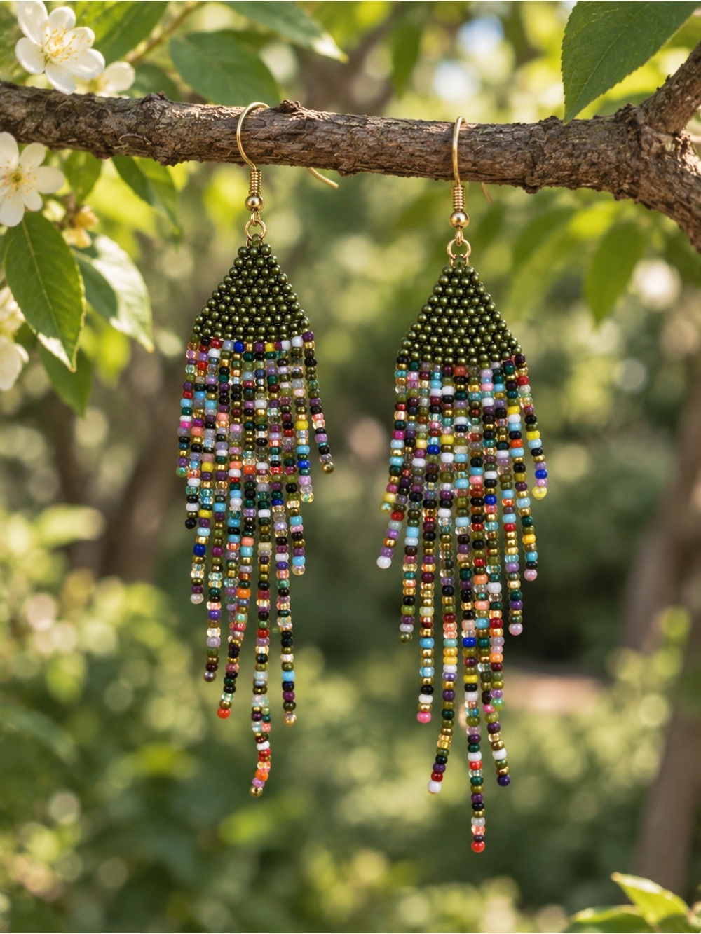 Olive Green Multicolor Fringe Seed Bead Earrings